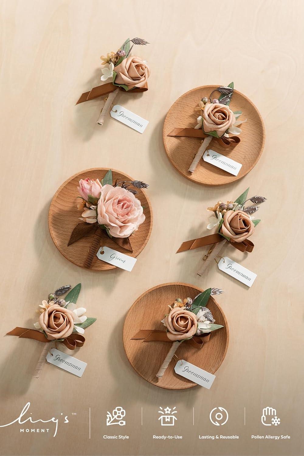 imageLings Moment Boutonniere for Men 6pcs Groom Groomsmen Boutonniere Artificial Flowers for Wedding DecorPromHomecoming etcWalnut BrownPkshabby Pink  Dusty Rose