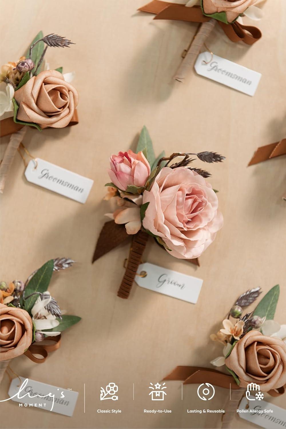 imageLings Moment Boutonniere for Men 6pcs Groom Groomsmen Boutonniere Artificial Flowers for Wedding DecorPromHomecoming etcWalnut BrownPkshabby Pink  Dusty Rose