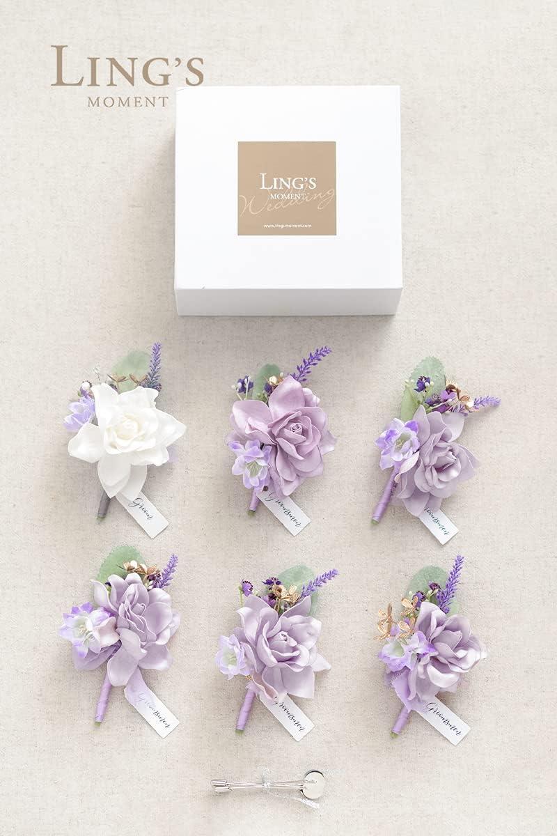 imageLings Moment Boutonniere for Men 6pcs Groom Groomsmen Boutonniere Artificial Flowers for Wedding DecorPromHomecoming etcWalnut BrownPrplpurple  Lilac Lavender