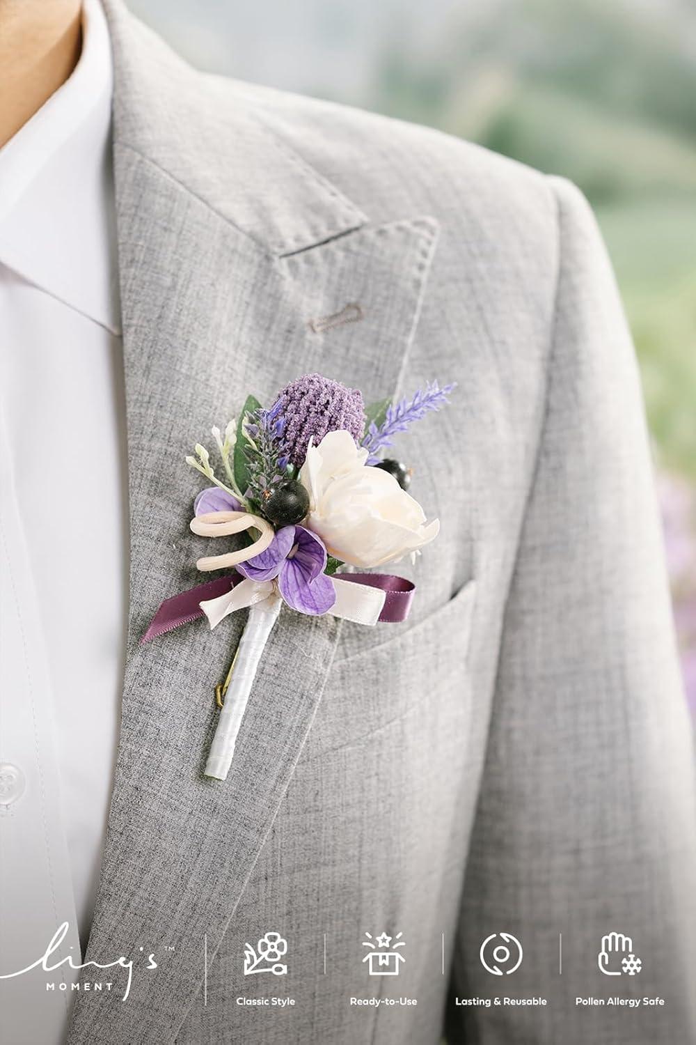 imageLings Moment Boutonniere for Men 6pcs Groom Groomsmen Boutonniere Artificial Flowers for Wedding DecorPromHomecoming etcWalnut BrownPrplpurple Lavender  Lilac