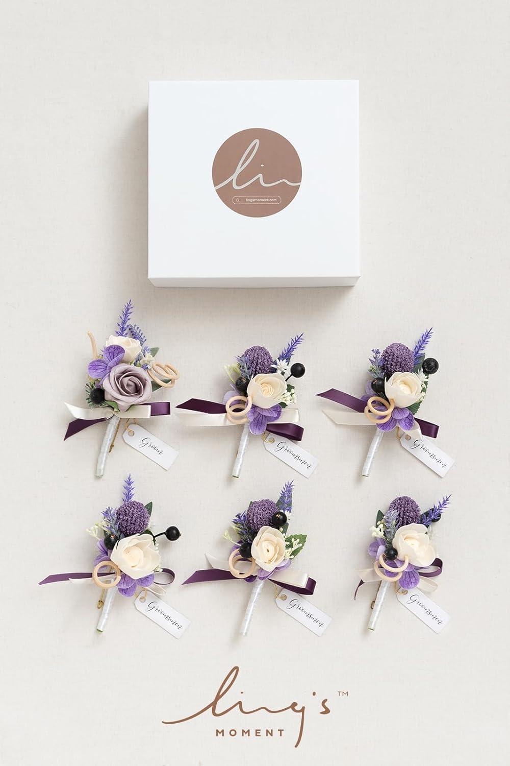 imageLings Moment Boutonniere for Men 6pcs Groom Groomsmen Boutonniere Artificial Flowers for Wedding DecorPromHomecoming etcWalnut BrownPrplpurple Lavender  Lilac