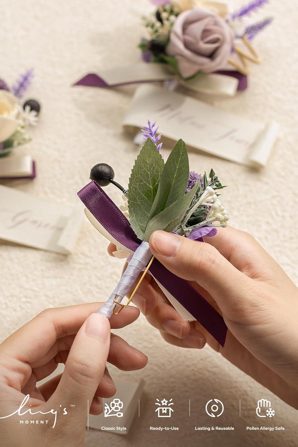 imageLings Moment Boutonniere for Men 6pcs Groom Groomsmen Boutonniere Artificial Flowers for Wedding DecorPromHomecoming etcWalnut BrownPrplpurple Lavender  Lilac