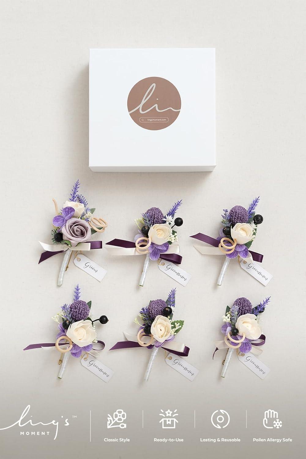 imageLings Moment Boutonniere for Men 6pcs Groom Groomsmen Boutonniere Artificial Flowers for Wedding DecorPromHomecoming etcWalnut BrownPrplpurple Lavender  Lilac