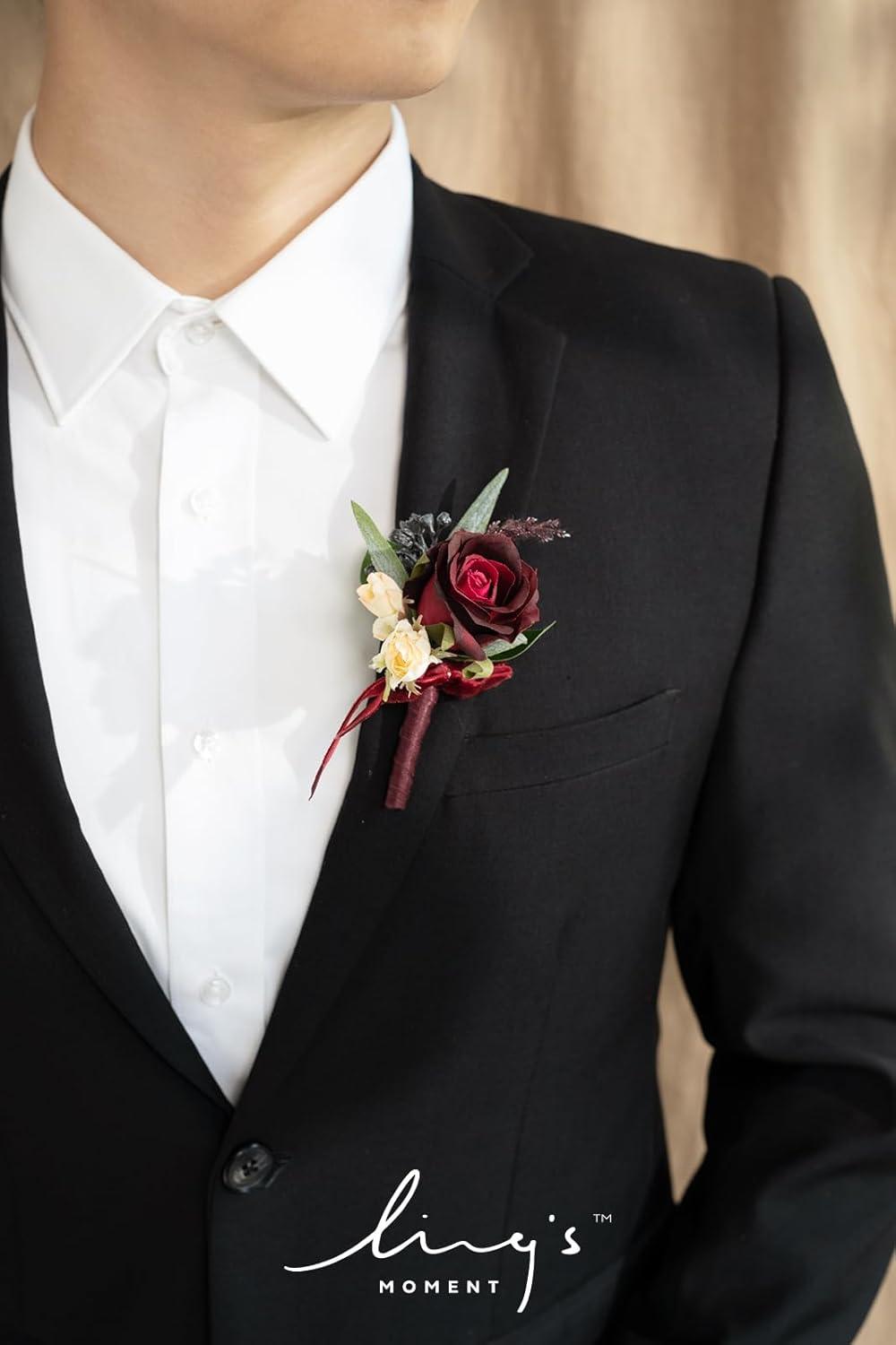imageLings Moment Boutonniere for Men 6pcs Groom Groomsmen Boutonniere Artificial Flowers for Wedding DecorPromHomecoming etcWalnut BrownRedblack Baccara  Burgundy