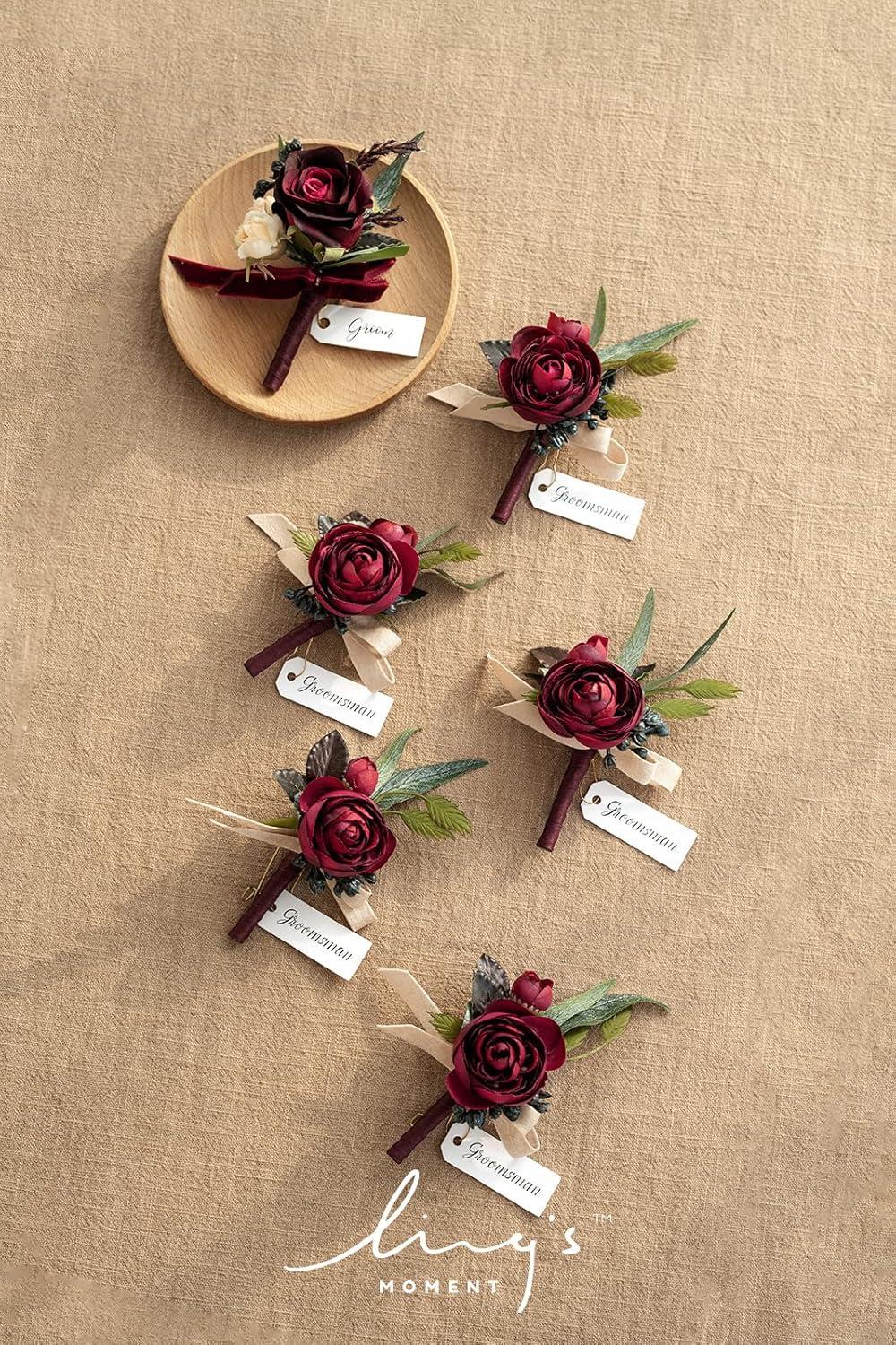 imageLings Moment Boutonniere for Men 6pcs Groom Groomsmen Boutonniere Artificial Flowers for Wedding DecorPromHomecoming etcWalnut BrownRedblack Baccara  Burgundy