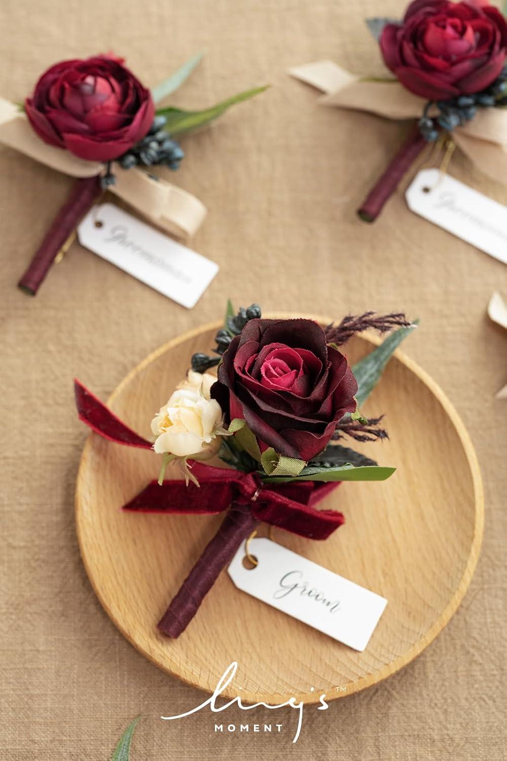 imageLings Moment Boutonniere for Men 6pcs Groom Groomsmen Boutonniere Artificial Flowers for Wedding DecorPromHomecoming etcWalnut BrownRedblack Baccara  Burgundy