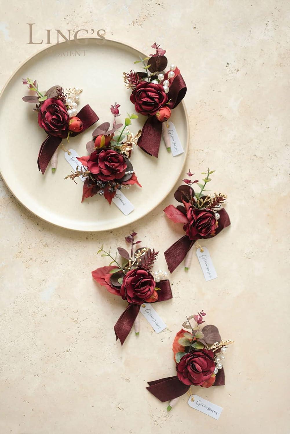imageLings Moment Boutonniere for Men 6pcs Groom Groomsmen Boutonniere Artificial Flowers for Wedding DecorPromHomecoming etcWalnut BrownRedburgundy  Dusty Rose