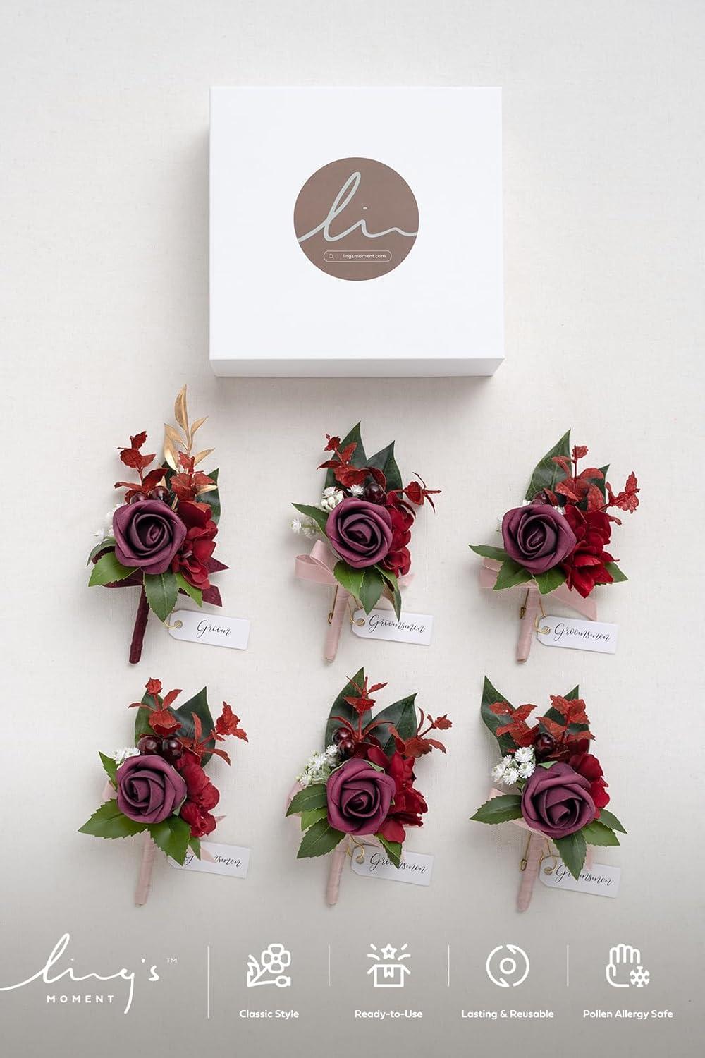 imageLings Moment Boutonniere for Men 6pcs Groom Groomsmen Boutonniere Artificial Flowers for Wedding DecorPromHomecoming etcWalnut BrownRedburgundy  Marsala