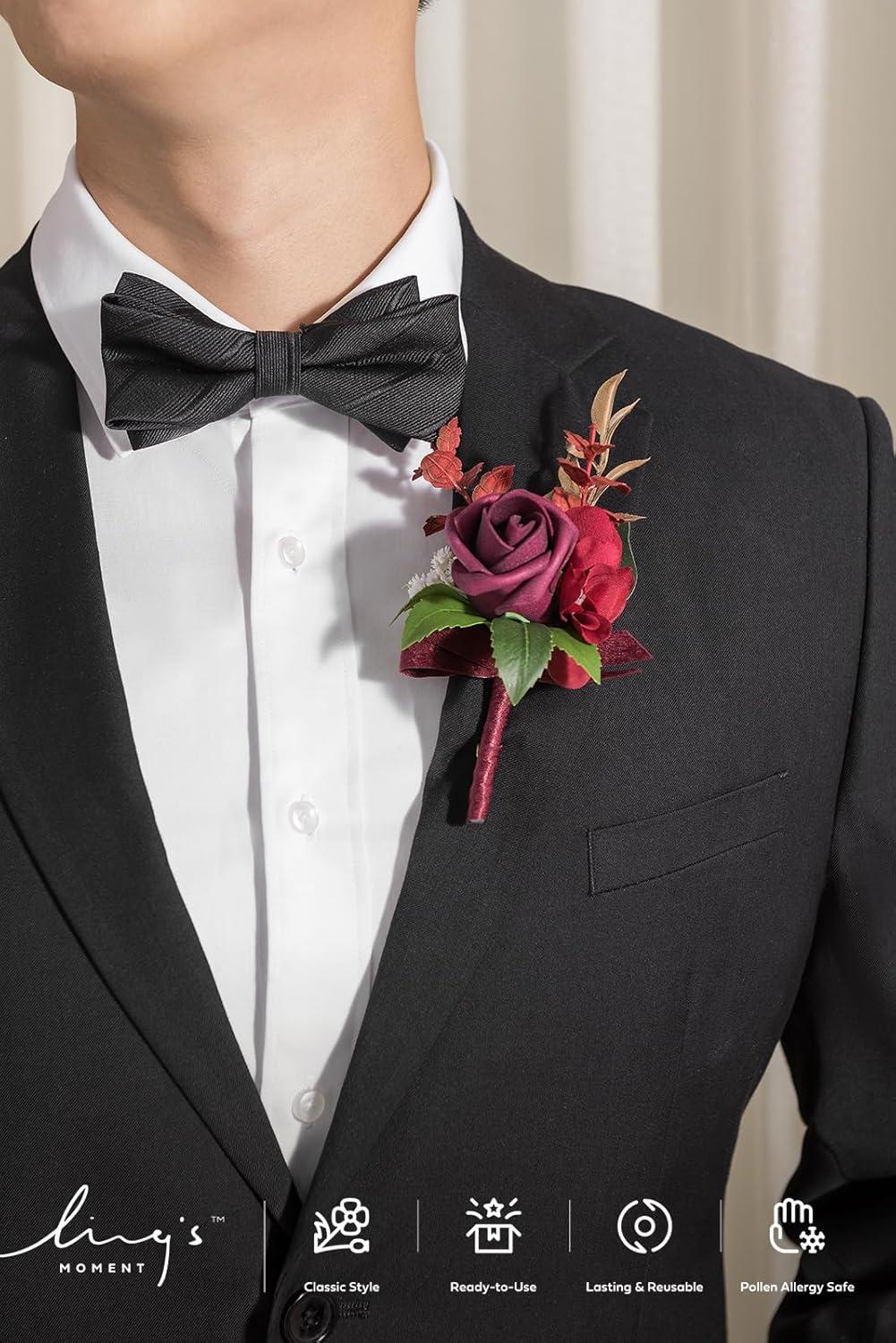 imageLings Moment Boutonniere for Men 6pcs Groom Groomsmen Boutonniere Artificial Flowers for Wedding DecorPromHomecoming etcWalnut BrownRedburgundy  Marsala