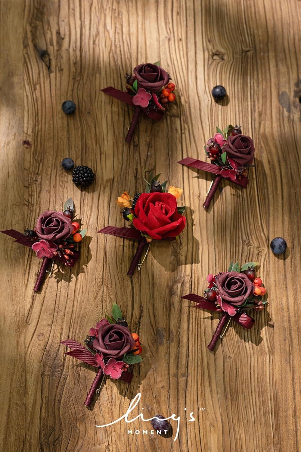 imageLings Moment Boutonniere for Men 6pcs Groom Groomsmen Boutonniere Artificial Flowers for Wedding DecorPromHomecoming etcWalnut BrownRedburgundy  Red