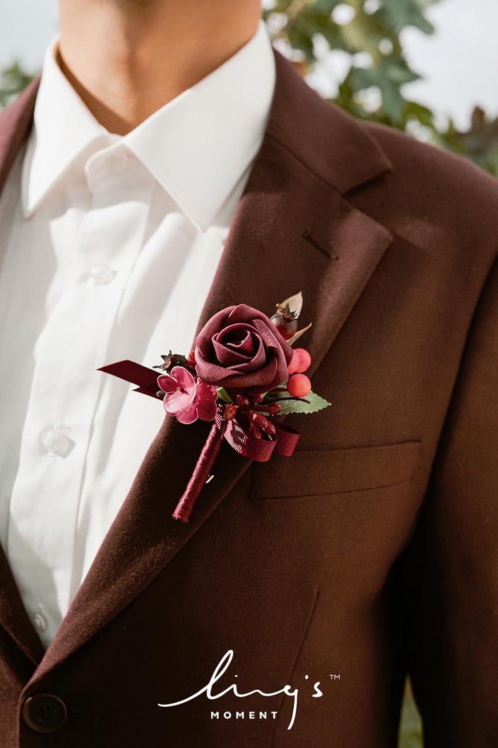 imageLings Moment Boutonniere for Men 6pcs Groom Groomsmen Boutonniere Artificial Flowers for Wedding DecorPromHomecoming etcWalnut BrownRedburgundy  Red