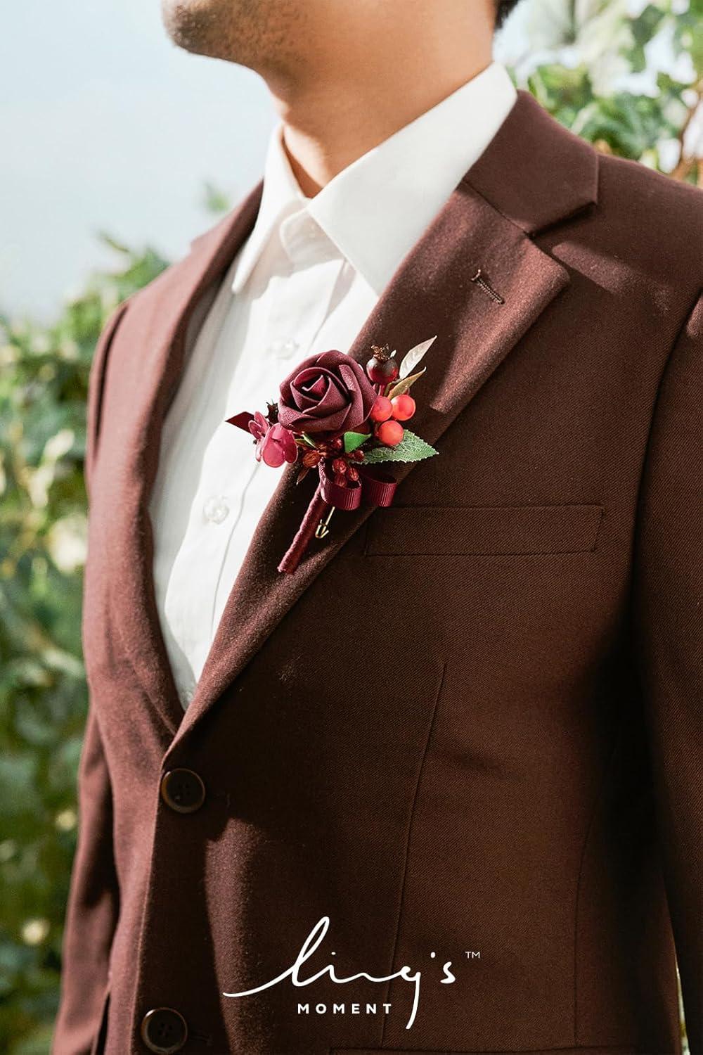 imageLings Moment Boutonniere for Men 6pcs Groom Groomsmen Boutonniere Artificial Flowers for Wedding DecorPromHomecoming etcWalnut BrownRedburgundy  Red