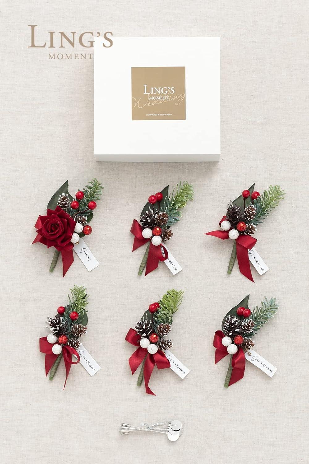 imageLings Moment Boutonniere for Men 6pcs Groom Groomsmen Boutonniere Artificial Flowers for Wedding DecorPromHomecoming etcWalnut BrownRedchristmas Red  Berry