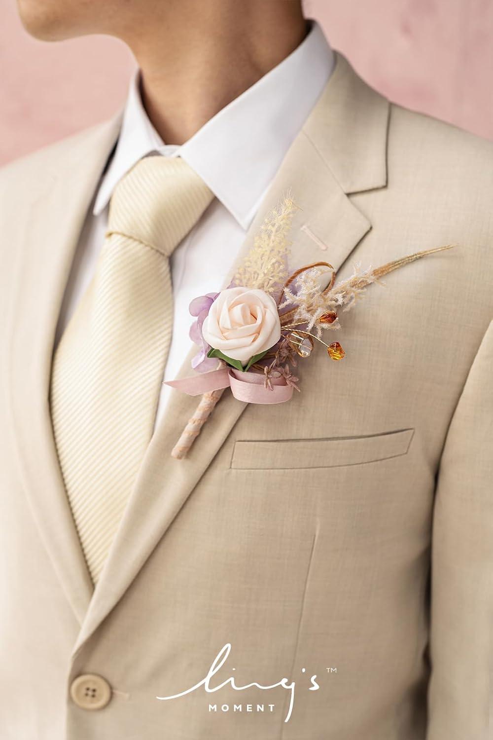 imageLings Moment Boutonniere for Men 6pcs Groom Groomsmen Boutonniere Artificial Flowers for Wedding DecorPromHomecoming etcWalnut BrownSunpurple Lilac  Boho