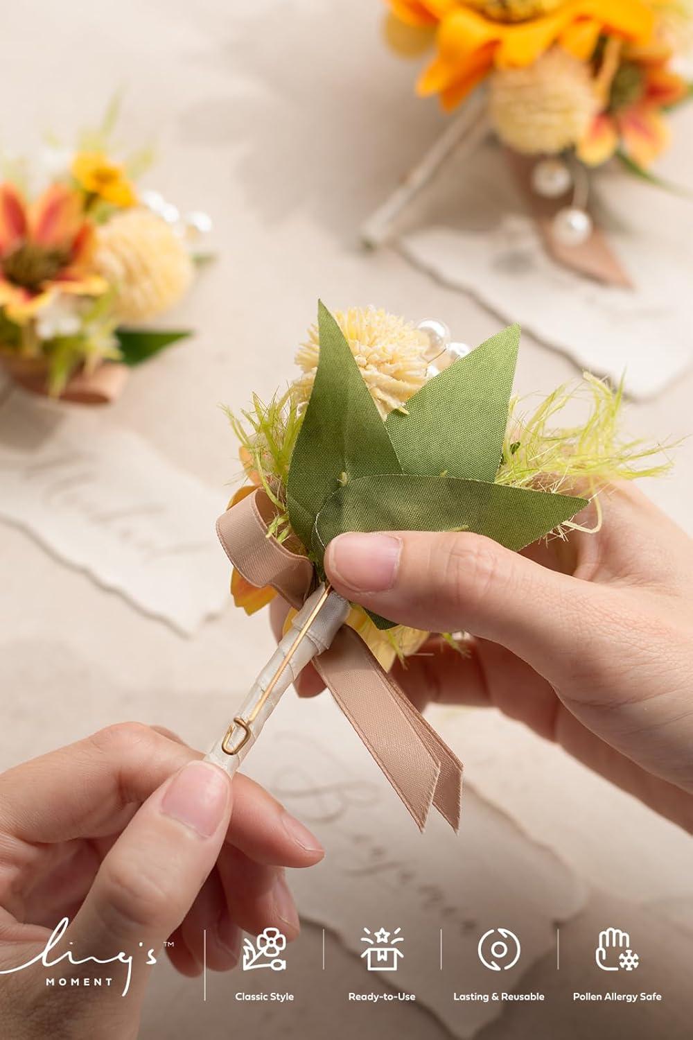 imageLings Moment Boutonniere for Men 6pcs Groom Groomsmen Boutonniere Artificial Flowers for Wedding DecorPromHomecoming etcWalnut BrownSunsunflower  Yellow