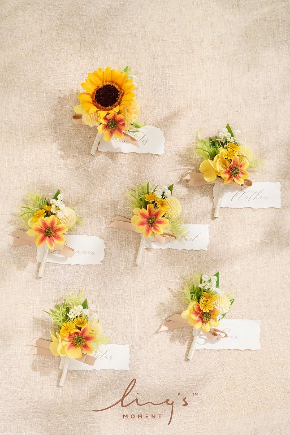 imageLings Moment Boutonniere for Men 6pcs Groom Groomsmen Boutonniere Artificial Flowers for Wedding DecorPromHomecoming etcWalnut BrownSunsunflower  Yellow