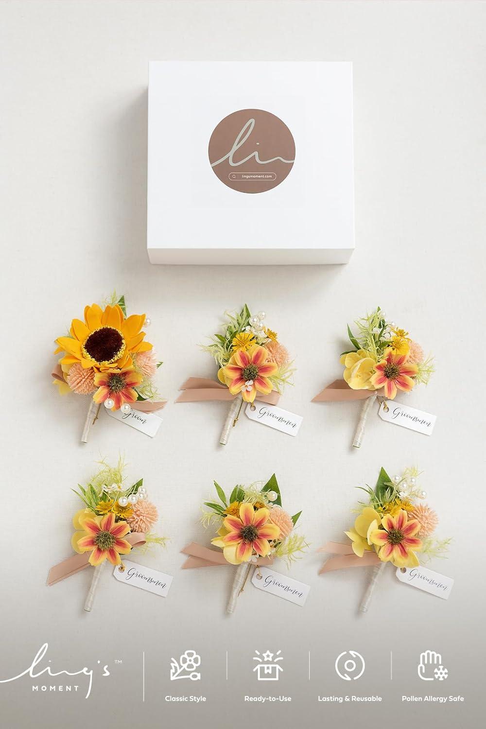 imageLings Moment Boutonniere for Men 6pcs Groom Groomsmen Boutonniere Artificial Flowers for Wedding DecorPromHomecoming etcWalnut BrownSunsunflower  Yellow