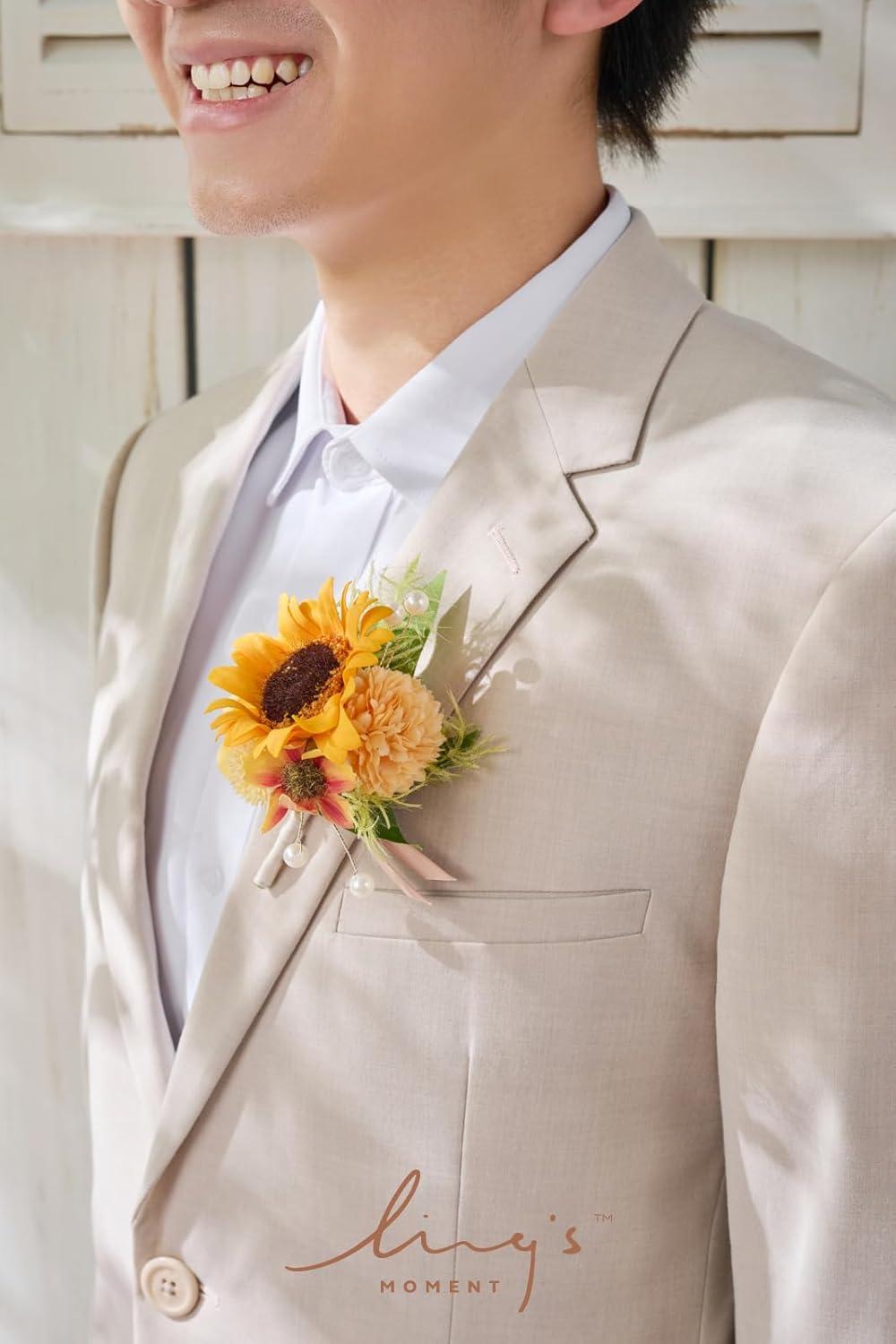 imageLings Moment Boutonniere for Men 6pcs Groom Groomsmen Boutonniere Artificial Flowers for Wedding DecorPromHomecoming etcWalnut BrownSunsunflower  Yellow