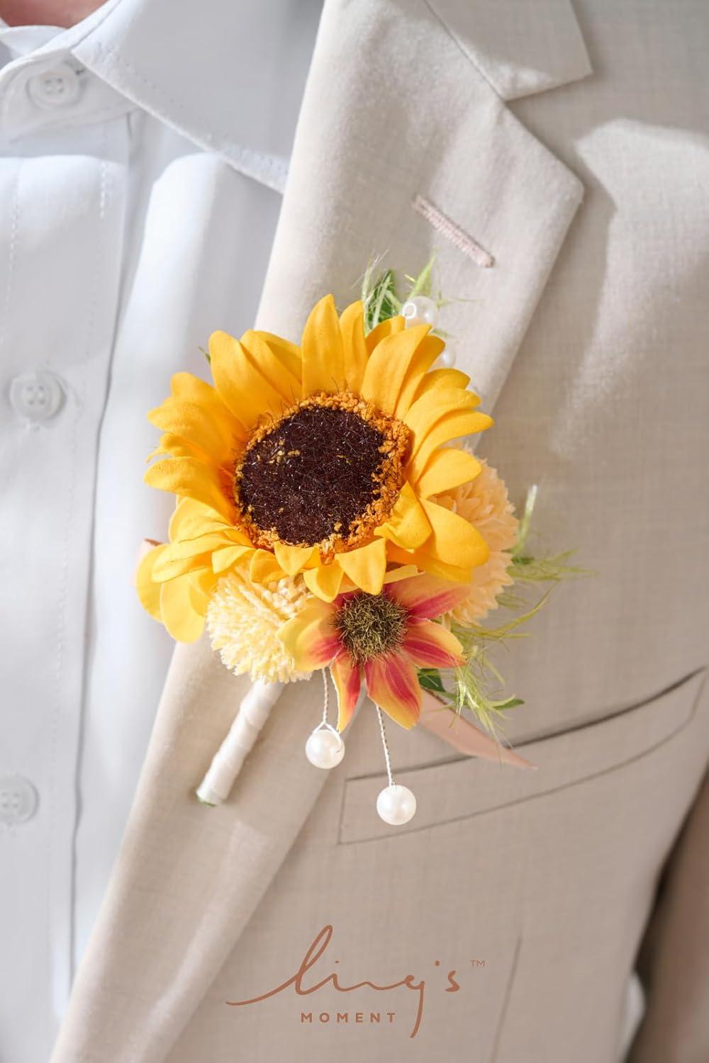 imageLings Moment Boutonniere for Men 6pcs Groom Groomsmen Boutonniere Artificial Flowers for Wedding DecorPromHomecoming etcWalnut BrownSunsunflower  Yellow