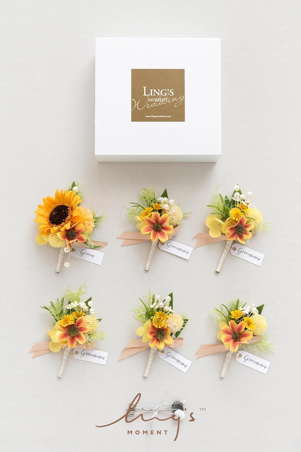 imageLings Moment Boutonniere for Men 6pcs Groom Groomsmen Boutonniere Artificial Flowers for Wedding DecorPromHomecoming etcWalnut BrownSunsunflower  Yellow