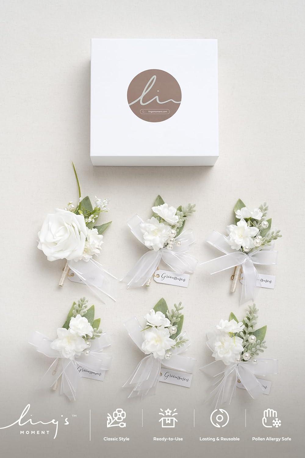 imageLings Moment Boutonniere for Men 6pcs Groom Groomsmen Boutonniere Artificial Flowers for Wedding DecorPromHomecoming etcWalnut BrownWhtsnow White