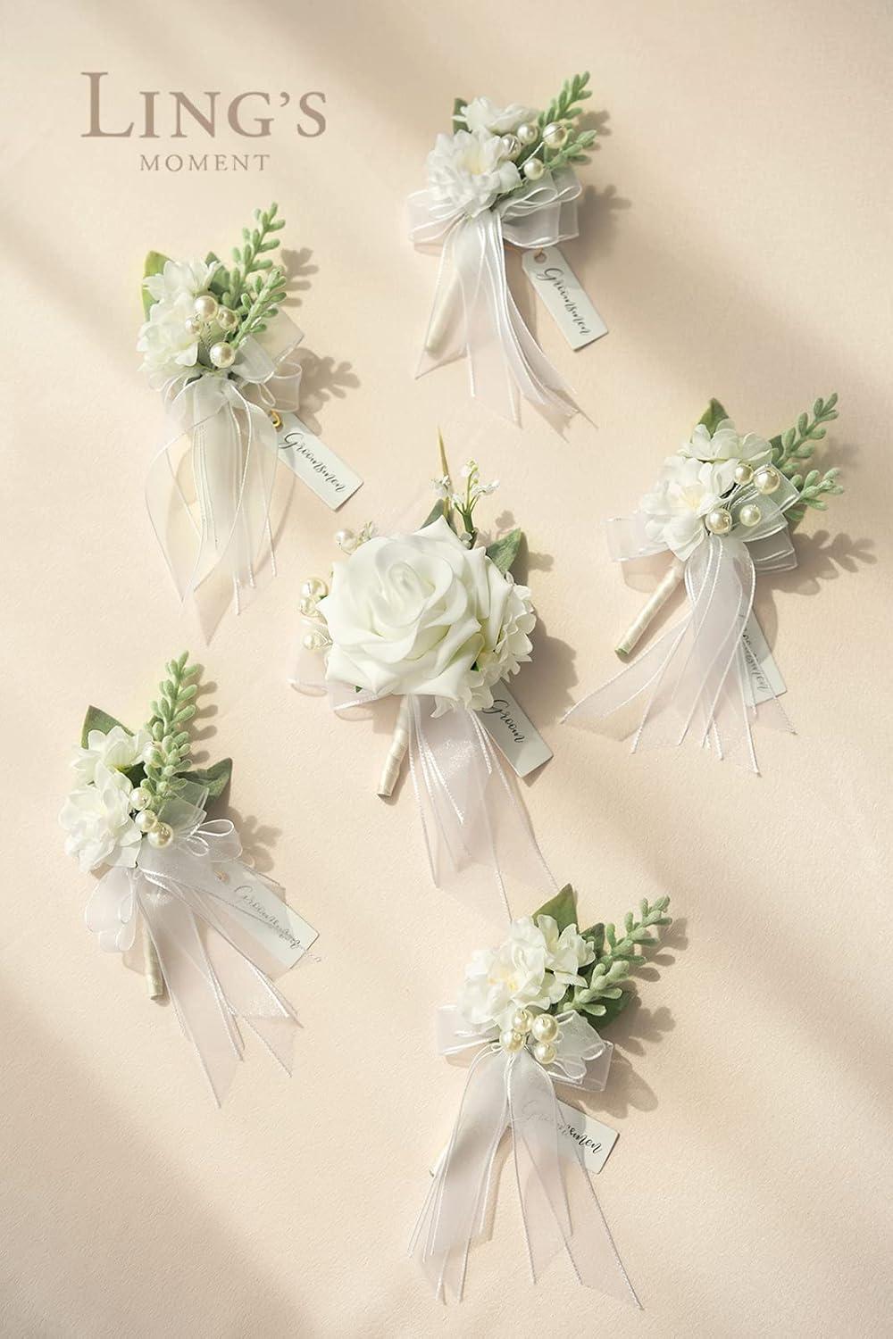 imageLings Moment Boutonniere for Men 6pcs Groom Groomsmen Boutonniere Artificial Flowers for Wedding DecorPromHomecoming etcWalnut BrownWhtsnow White