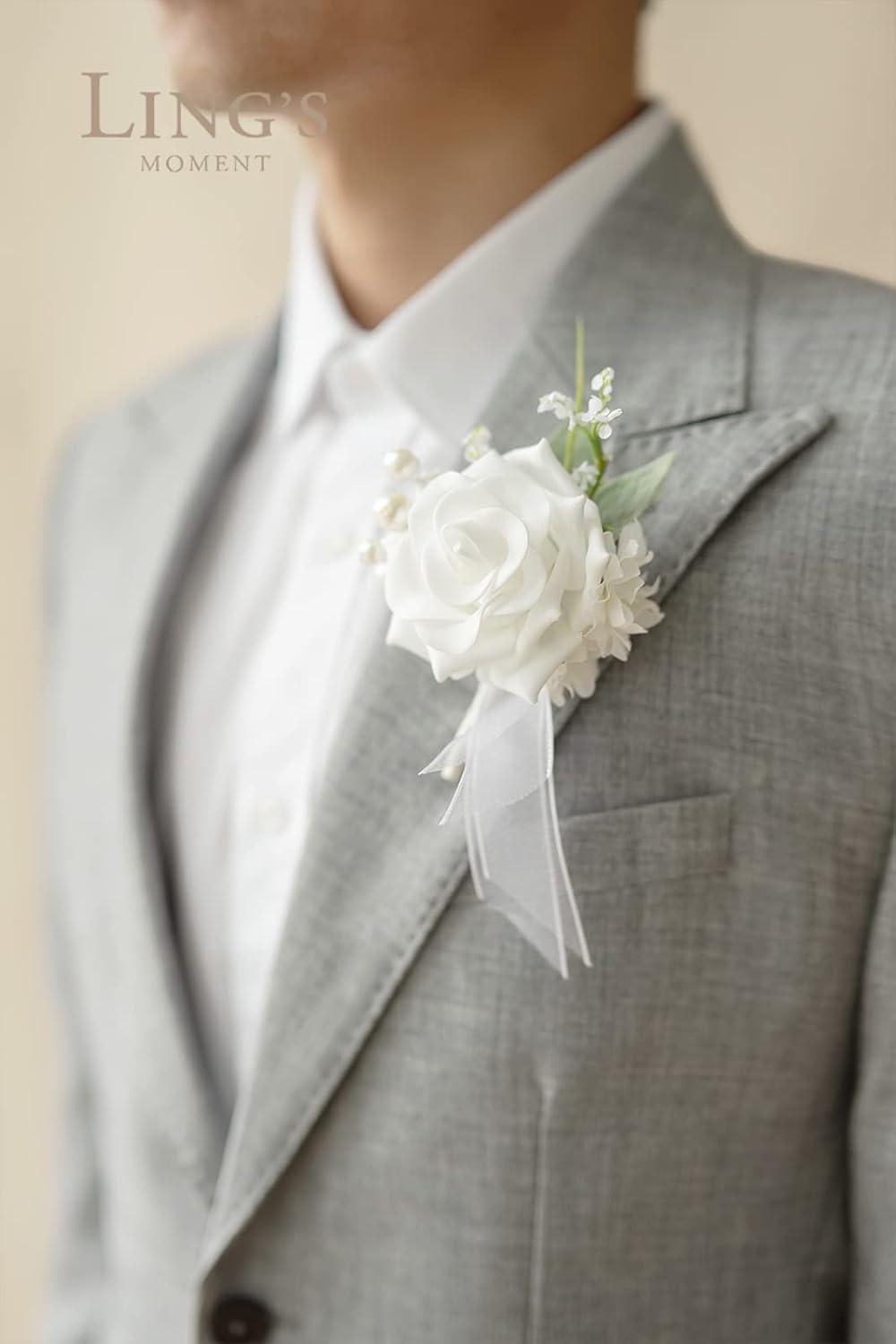 imageLings Moment Boutonniere for Men 6pcs Groom Groomsmen Boutonniere Artificial Flowers for Wedding DecorPromHomecoming etcWalnut BrownWhtsnow White