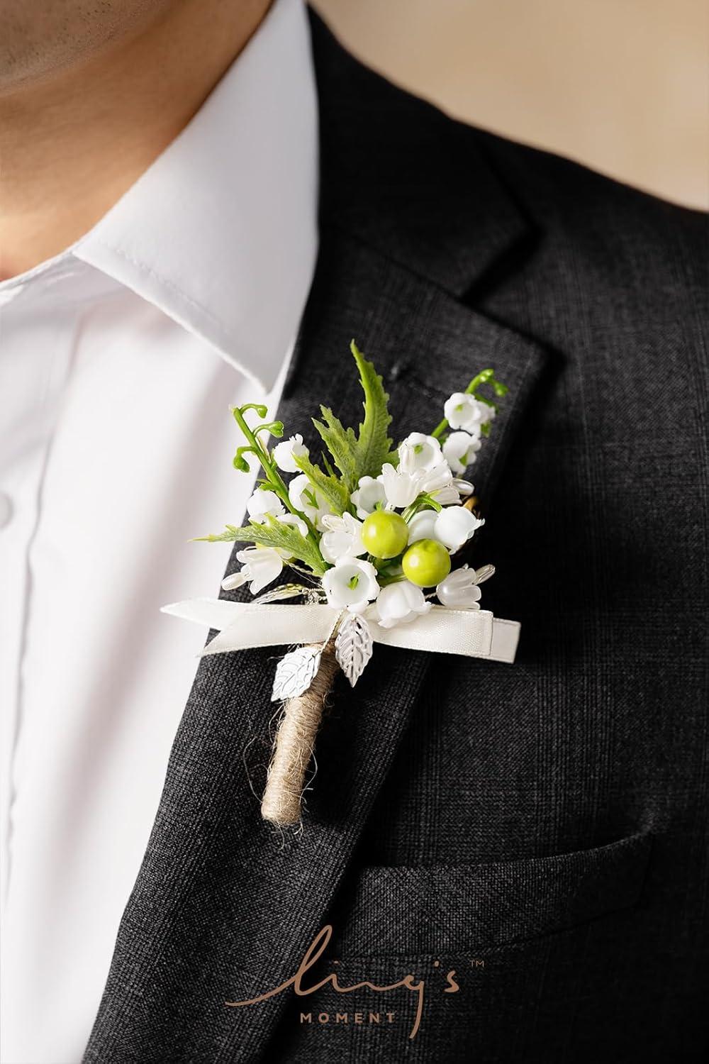 imageLings Moment Boutonniere for Men 6pcs Groom Groomsmen Boutonniere Artificial Flowers for Wedding DecorPromHomecoming etcWalnut BrownWhtwhite  Lily  Olive