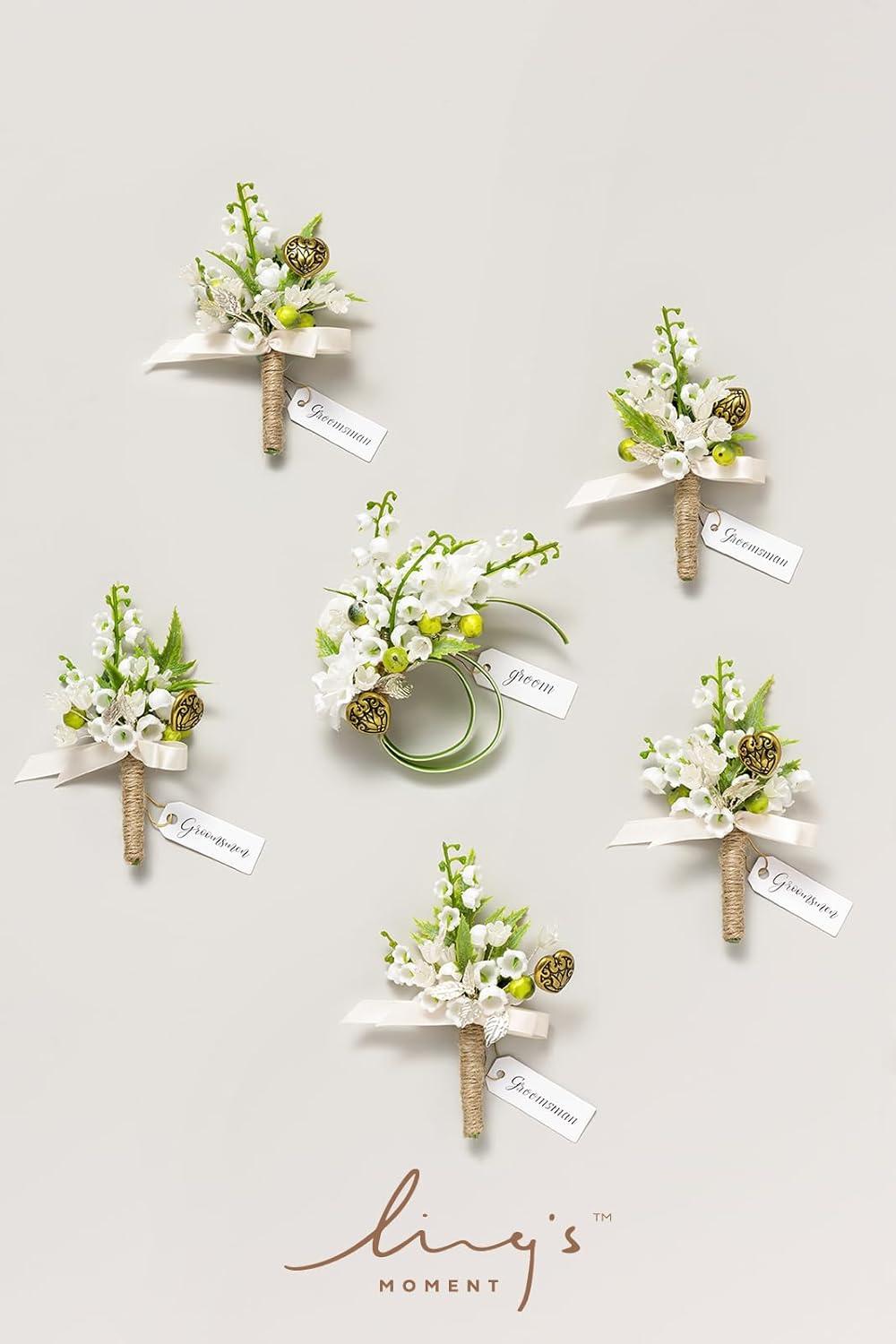imageLings Moment Boutonniere for Men 6pcs Groom Groomsmen Boutonniere Artificial Flowers for Wedding DecorPromHomecoming etcWalnut BrownWhtwhite  Lily  Olive