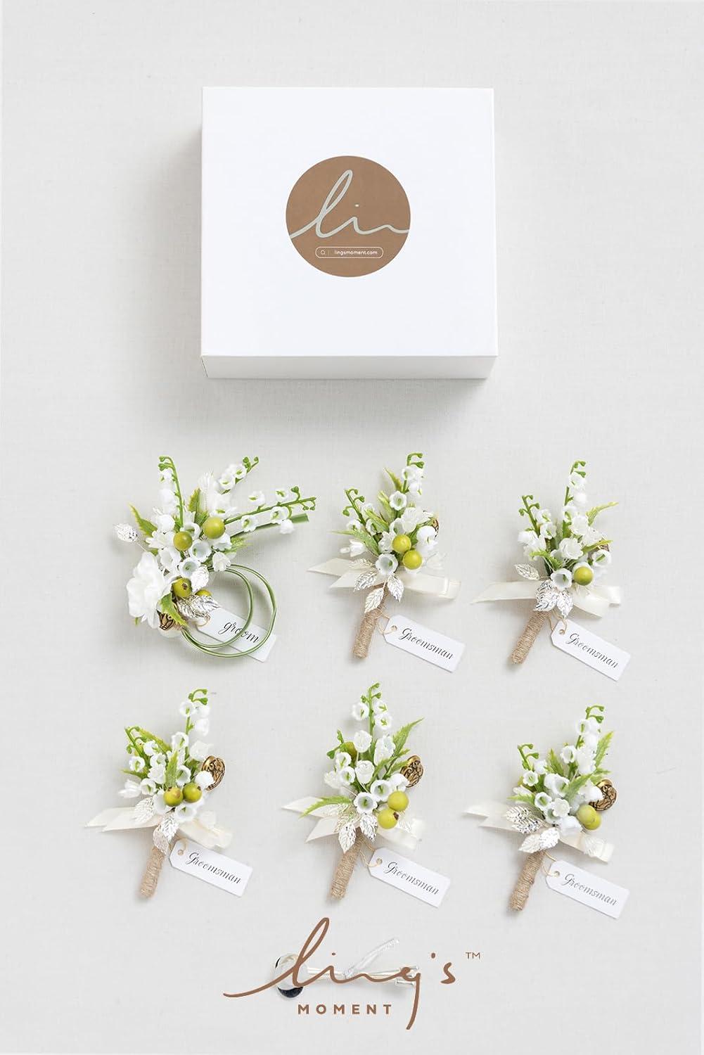 imageLings Moment Boutonniere for Men 6pcs Groom Groomsmen Boutonniere Artificial Flowers for Wedding DecorPromHomecoming etcWalnut BrownWhtwhite  Lily  Olive