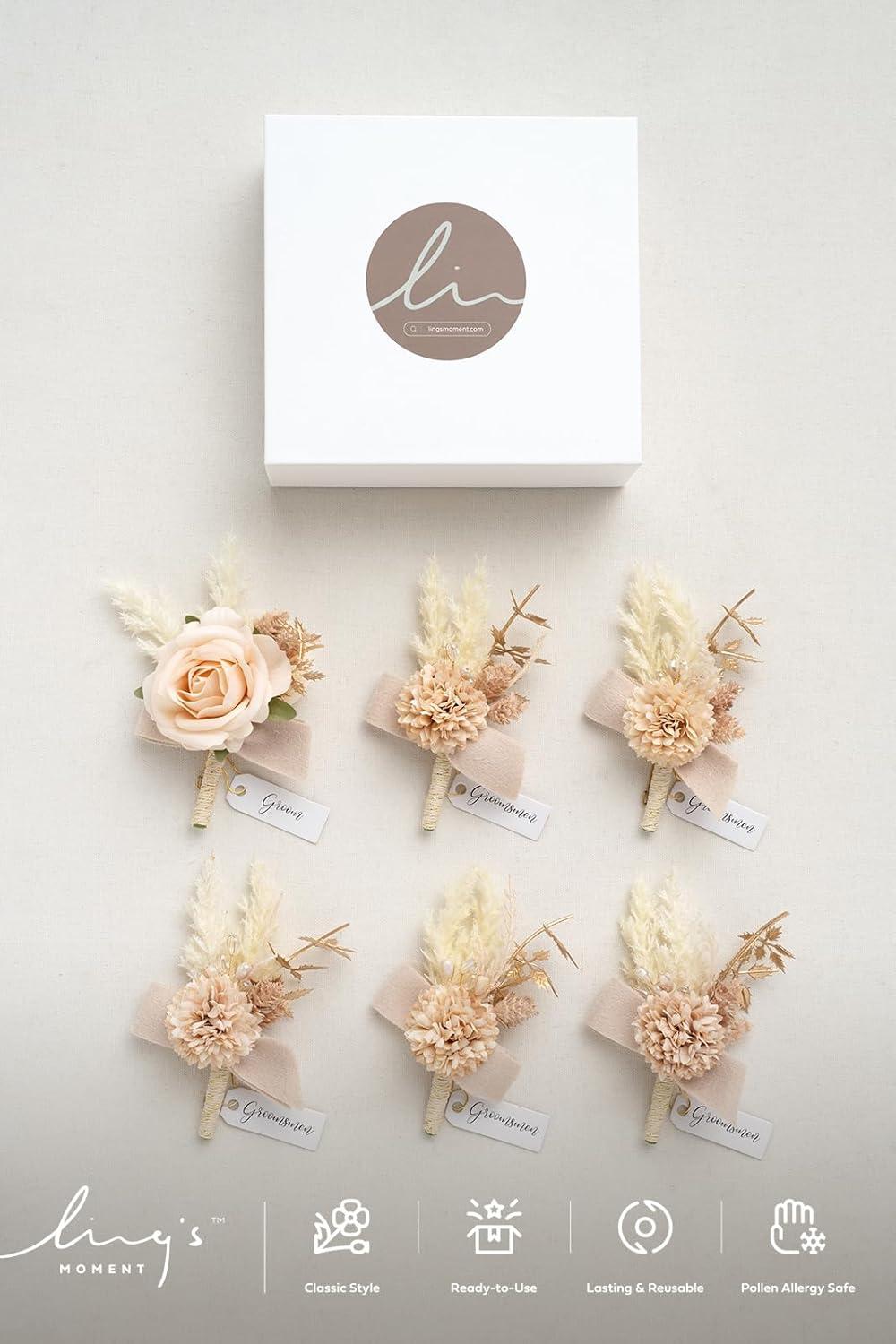 imageLings Moment Boutonniere for Men 6pcs Groom Groomsmen Boutonniere Artificial Flowers for Wedding DecorPromHomecoming etcWalnut BrownWhtwhite  Nude