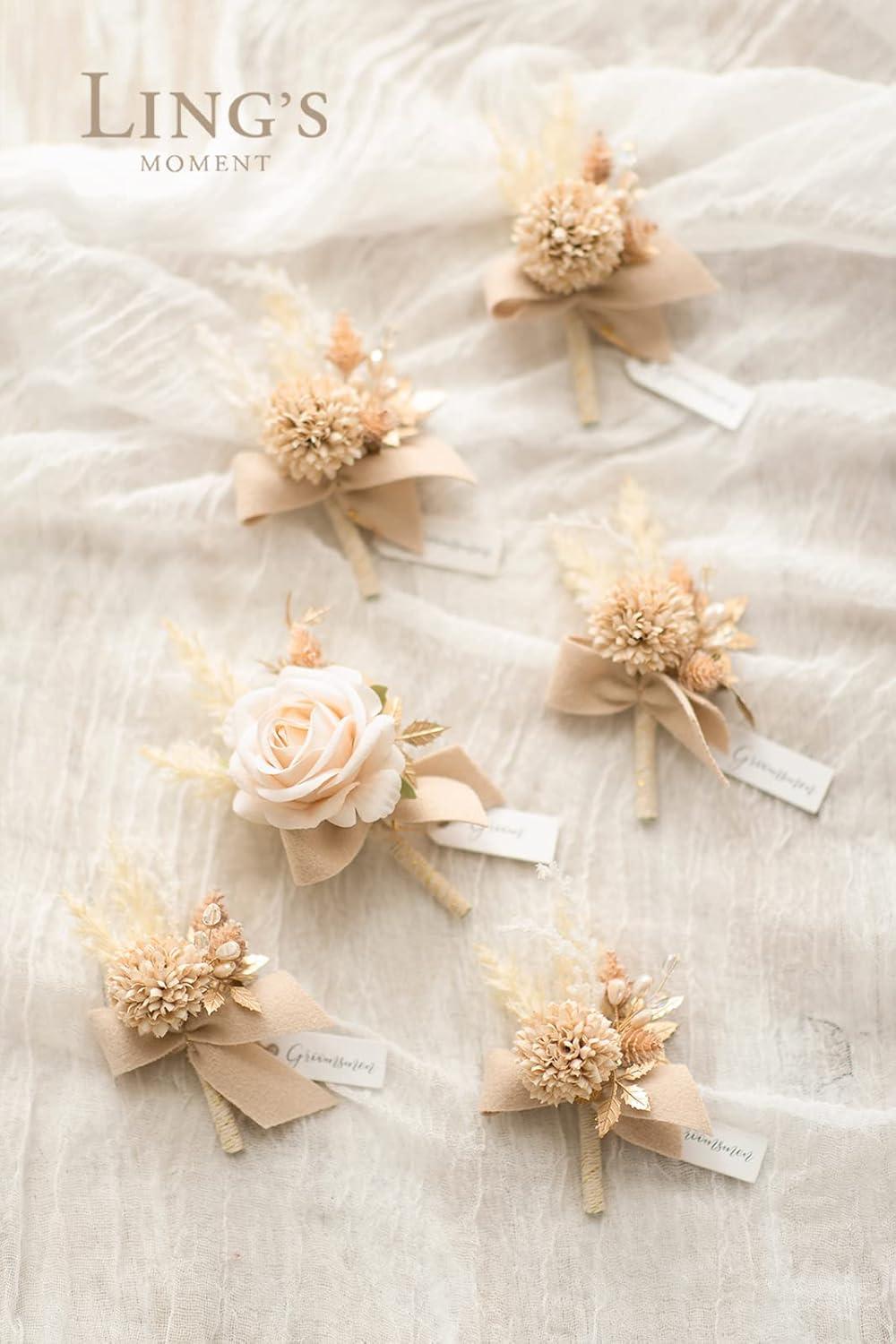 imageLings Moment Boutonniere for Men 6pcs Groom Groomsmen Boutonniere Artificial Flowers for Wedding DecorPromHomecoming etcWalnut BrownWhtwhite  Nude