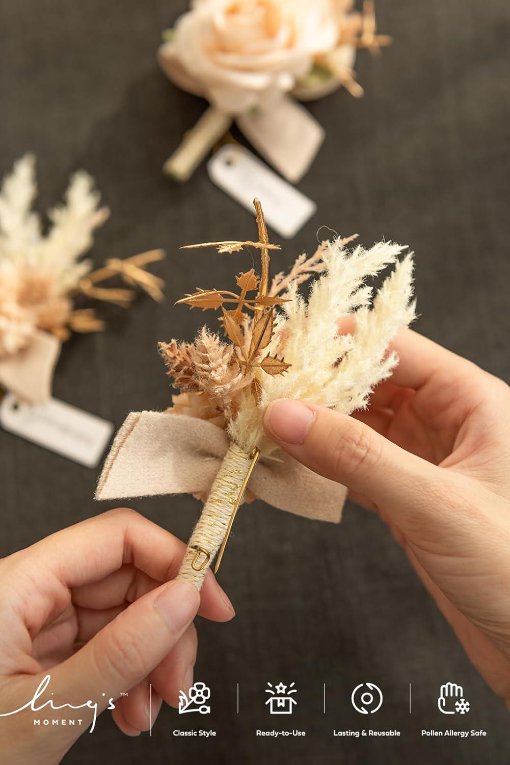 imageLings Moment Boutonniere for Men 6pcs Groom Groomsmen Boutonniere Artificial Flowers for Wedding DecorPromHomecoming etcWalnut BrownWhtwhite  Nude