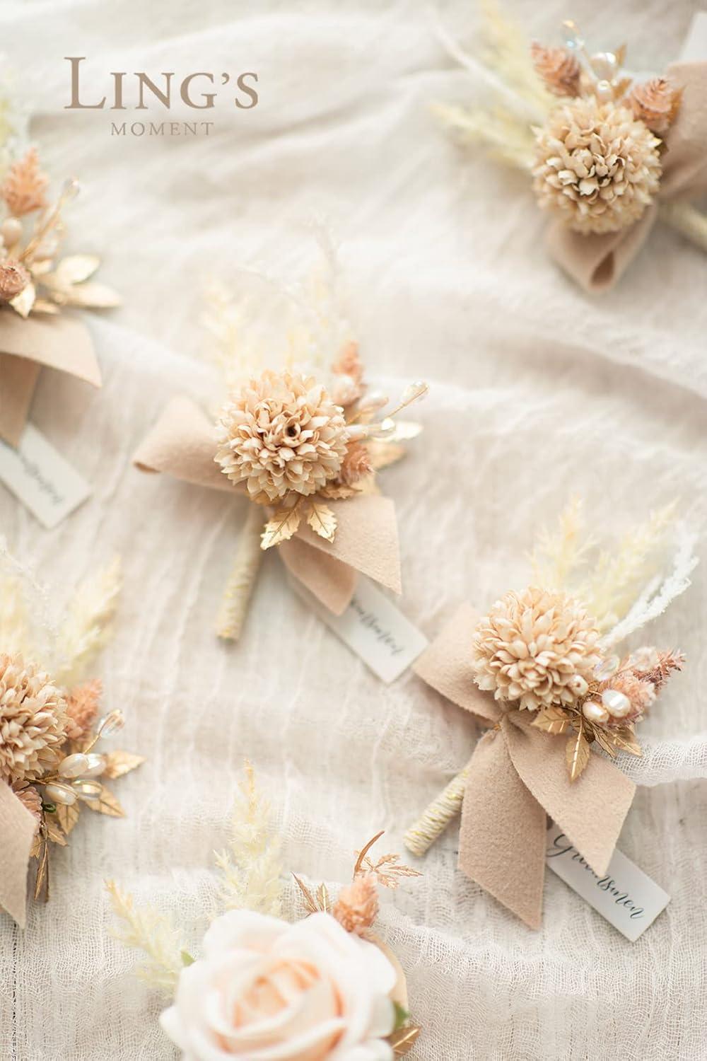 imageLings Moment Boutonniere for Men 6pcs Groom Groomsmen Boutonniere Artificial Flowers for Wedding DecorPromHomecoming etcWalnut BrownWhtwhite  Nude