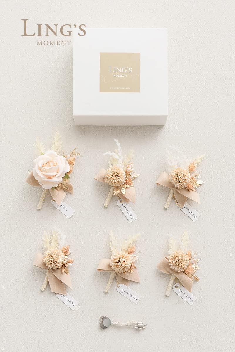 imageLings Moment Boutonniere for Men 6pcs Groom Groomsmen Boutonniere Artificial Flowers for Wedding DecorPromHomecoming etcWalnut BrownWhtwhite  Nude
