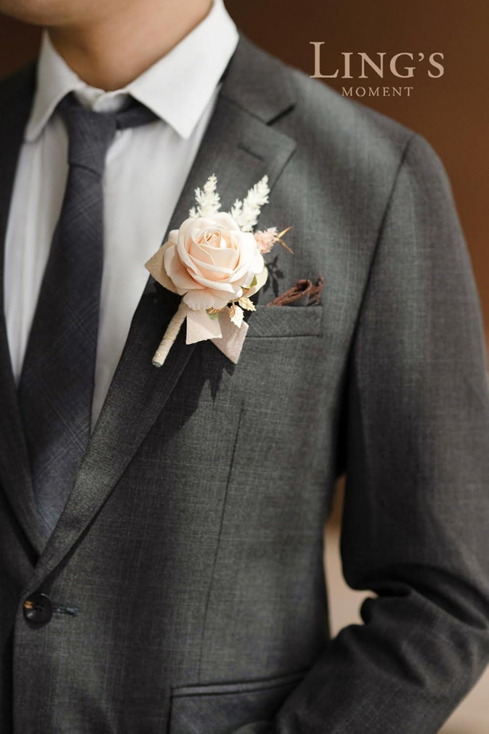 imageLings Moment Boutonniere for Men 6pcs Groom Groomsmen Boutonniere Artificial Flowers for Wedding DecorPromHomecoming etcWalnut BrownWhtwhite  Nude