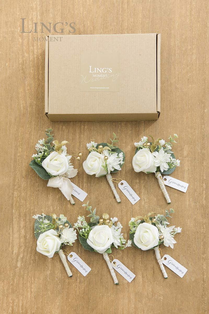 imageLings Moment Boutonniere for Men 6pcs Groom Groomsmen Boutonniere Artificial Flowers for Wedding DecorPromHomecoming etcWalnut BrownWhtwhite Baby Breath  Ivory