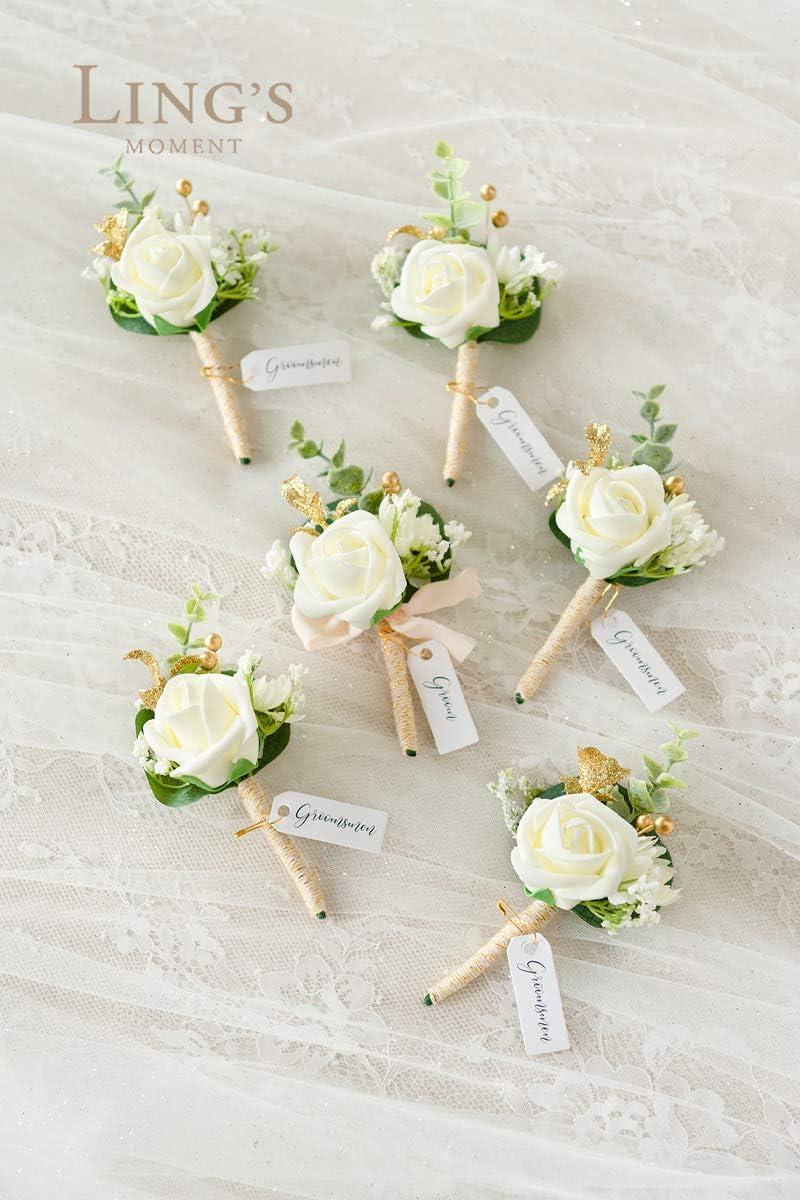 imageLings Moment Boutonniere for Men 6pcs Groom Groomsmen Boutonniere Artificial Flowers for Wedding DecorPromHomecoming etcWalnut BrownWhtwhite Baby Breath  Ivory