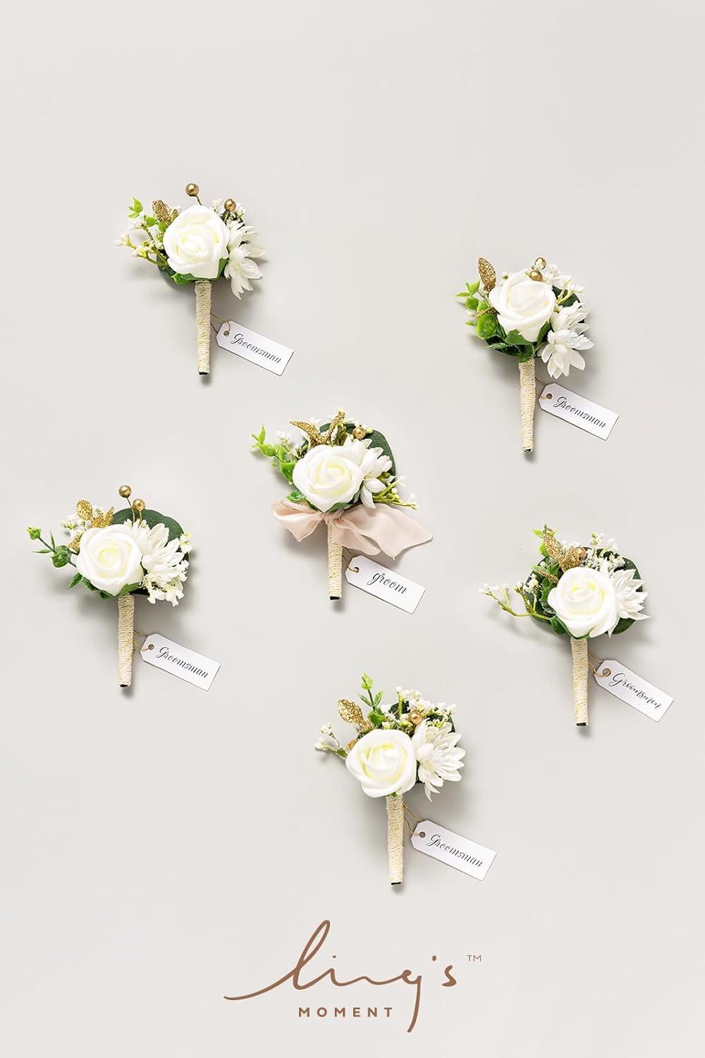 imageLings Moment Boutonniere for Men 6pcs Groom Groomsmen Boutonniere Artificial Flowers for Wedding DecorPromHomecoming etcWalnut BrownWhtwhite Baby Breath  Ivory