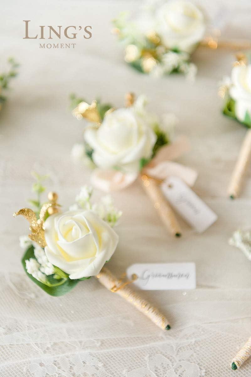 imageLings Moment Boutonniere for Men 6pcs Groom Groomsmen Boutonniere Artificial Flowers for Wedding DecorPromHomecoming etcWalnut BrownWhtwhite Baby Breath  Ivory