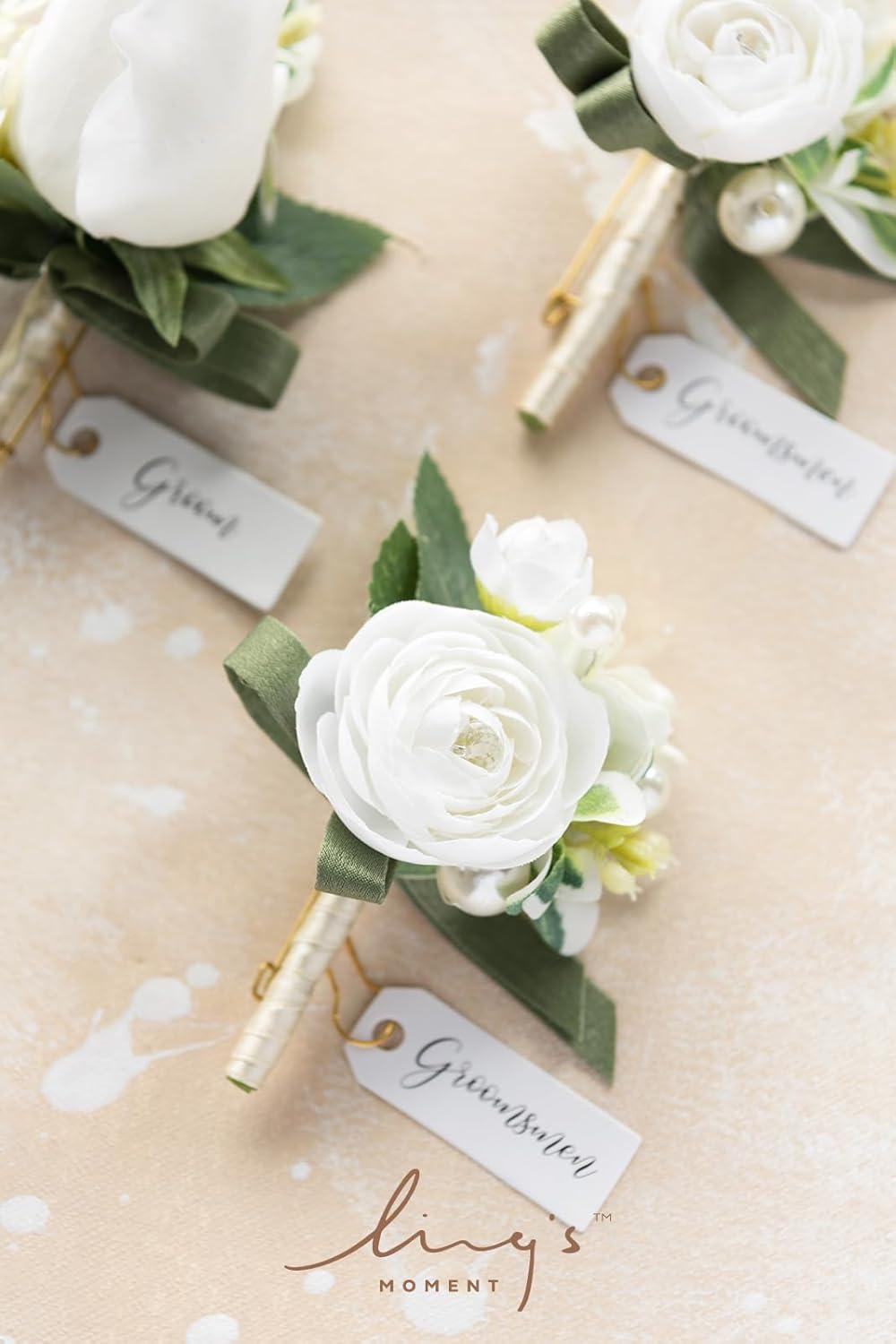 imageLings Moment Boutonniere for Men 6pcs Groom Groomsmen Boutonniere Artificial Flowers for Wedding DecorPromHomecoming etcWalnut BrownWhtwhite Ranunculus  Pearl
