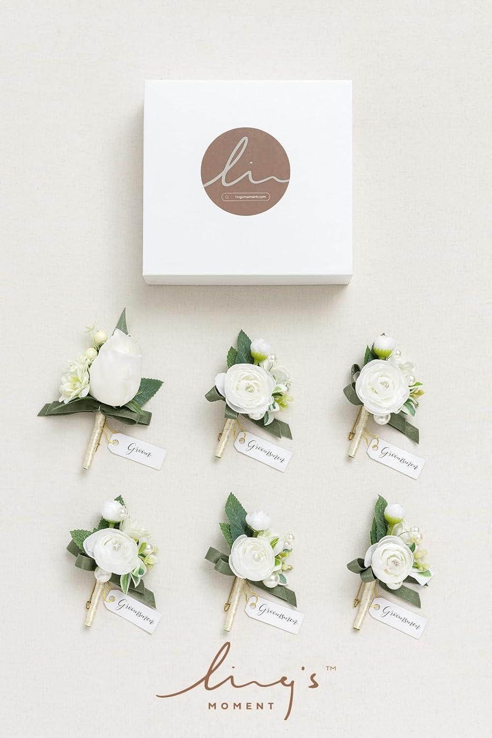 imageLings Moment Boutonniere for Men 6pcs Groom Groomsmen Boutonniere Artificial Flowers for Wedding DecorPromHomecoming etcWalnut BrownWhtwhite Ranunculus  Pearl