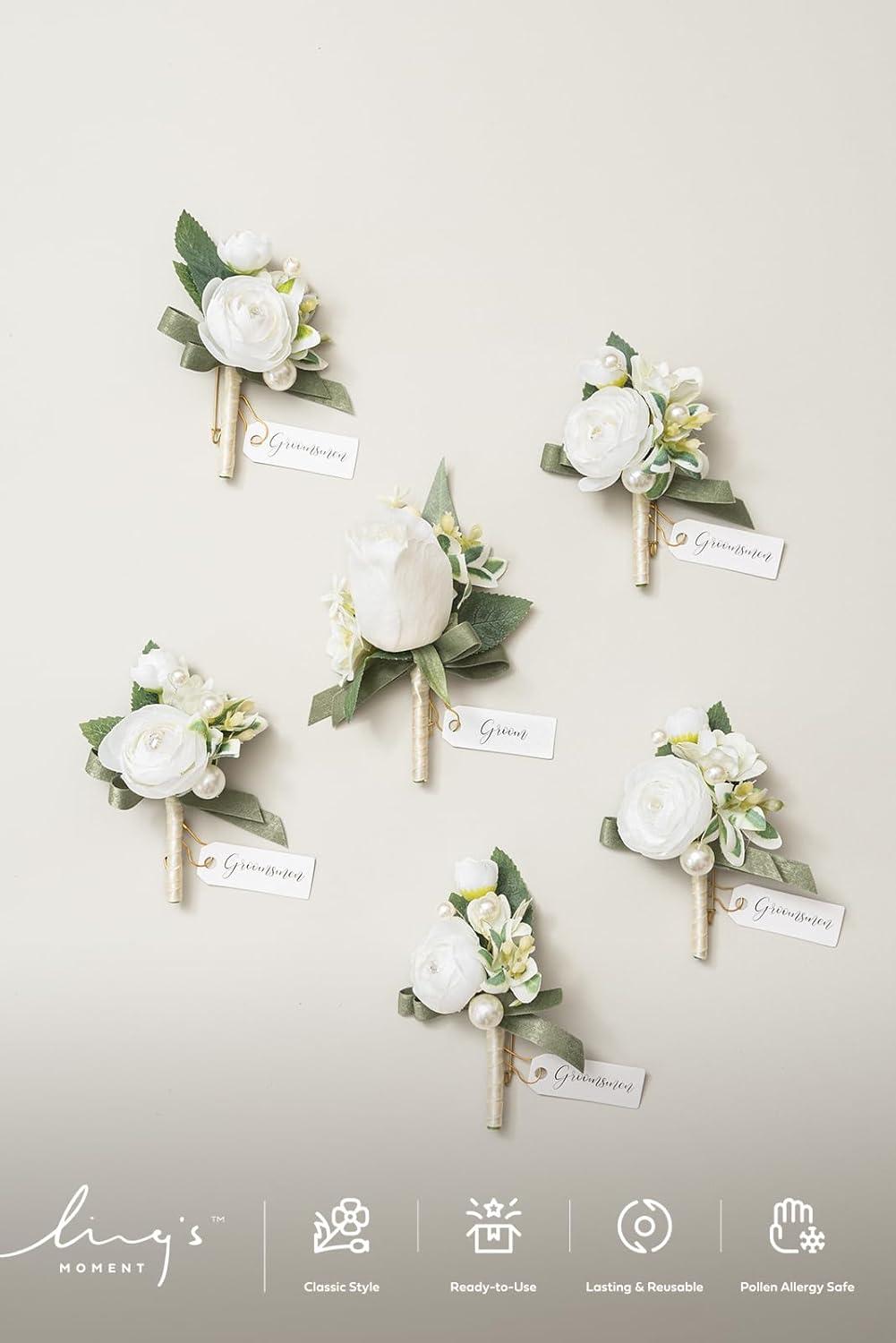 imageLings Moment Boutonniere for Men 6pcs Groom Groomsmen Boutonniere Artificial Flowers for Wedding DecorPromHomecoming etcWalnut BrownWhtwhite Ranunculus  Pearl