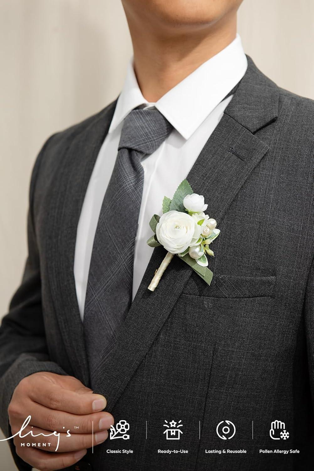 imageLings Moment Boutonniere for Men 6pcs Groom Groomsmen Boutonniere Artificial Flowers for Wedding DecorPromHomecoming etcWalnut BrownWhtwhite Ranunculus  Pearl