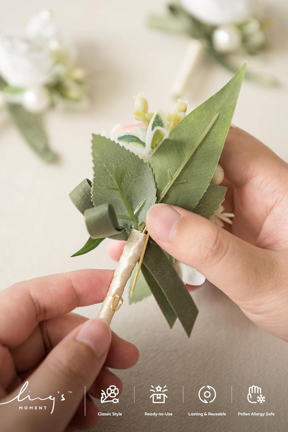imageLings Moment Boutonniere for Men 6pcs Groom Groomsmen Boutonniere Artificial Flowers for Wedding DecorPromHomecoming etcWalnut BrownWhtwhite Ranunculus  Pearl