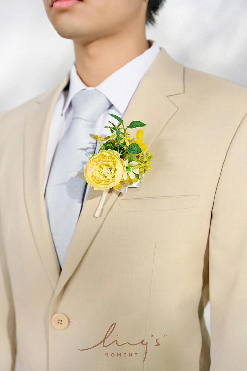 imageLings Moment Boutonniere for Men 6pcs Groom Groomsmen Boutonniere Artificial Flowers for Wedding DecorPromHomecoming etcWalnut BrownYlwyellow