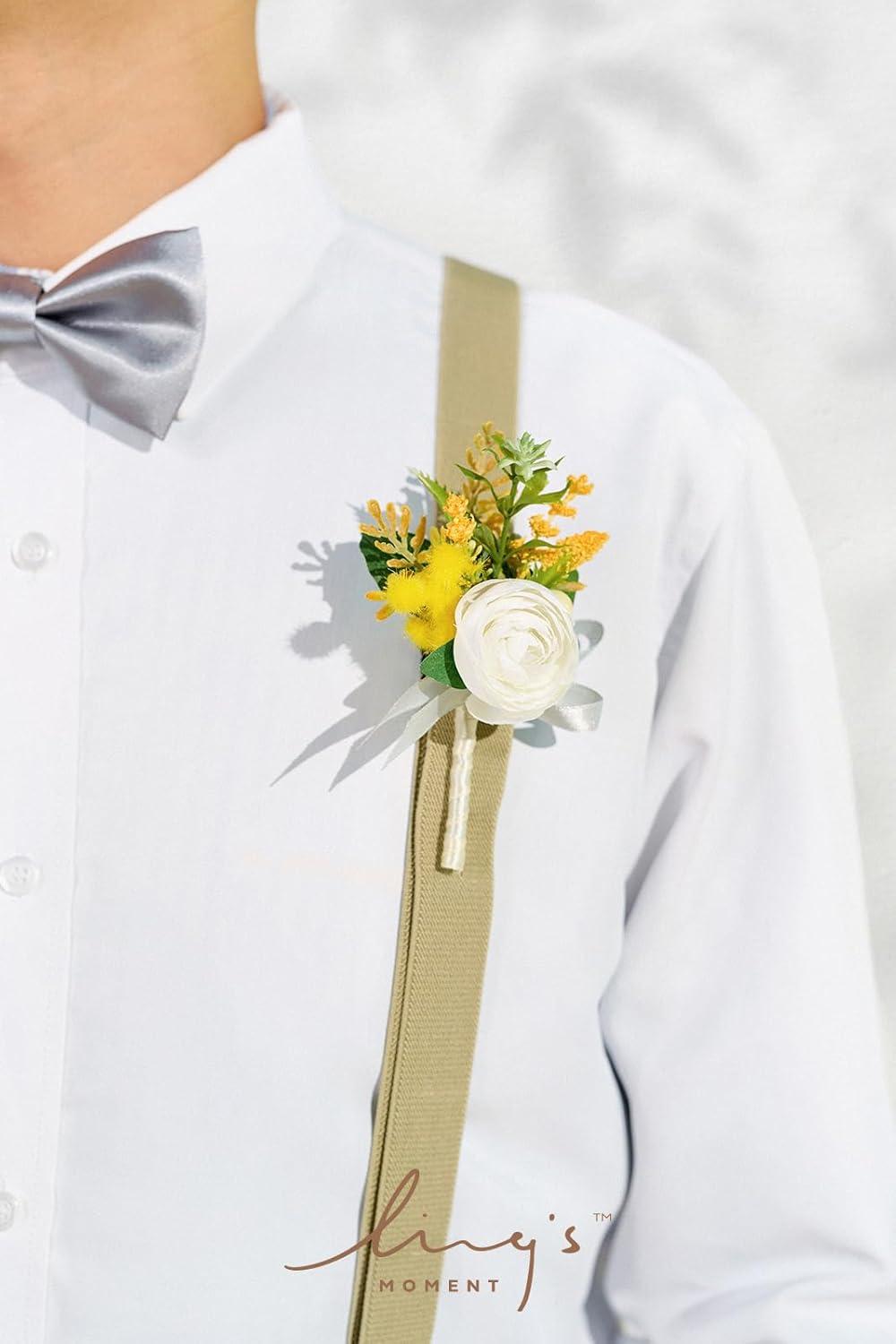 imageLings Moment Boutonniere for Men 6pcs Groom Groomsmen Boutonniere Artificial Flowers for Wedding DecorPromHomecoming etcWalnut BrownYlwyellow