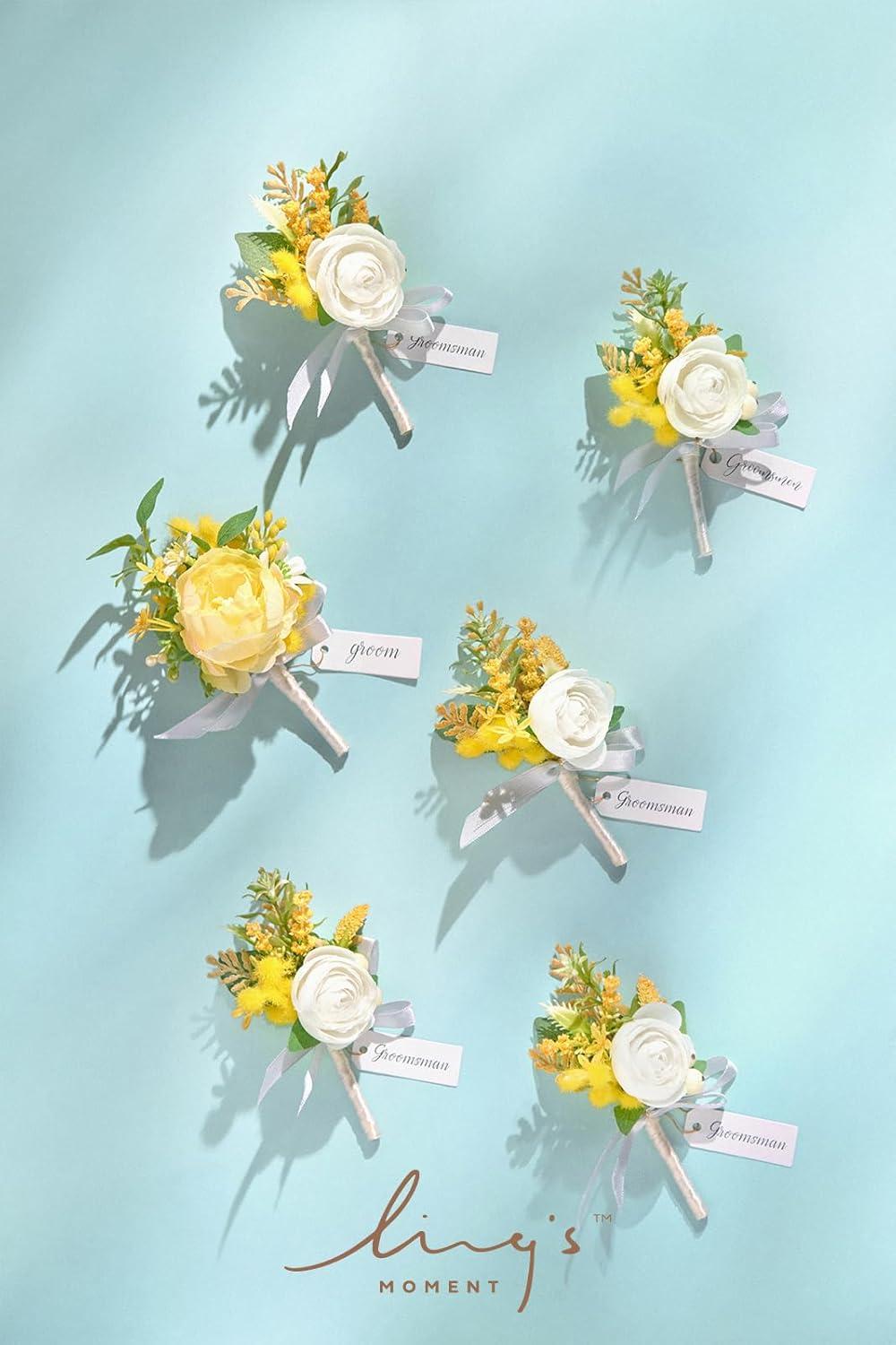 imageLings Moment Boutonniere for Men 6pcs Groom Groomsmen Boutonniere Artificial Flowers for Wedding DecorPromHomecoming etcWalnut BrownYlwyellow