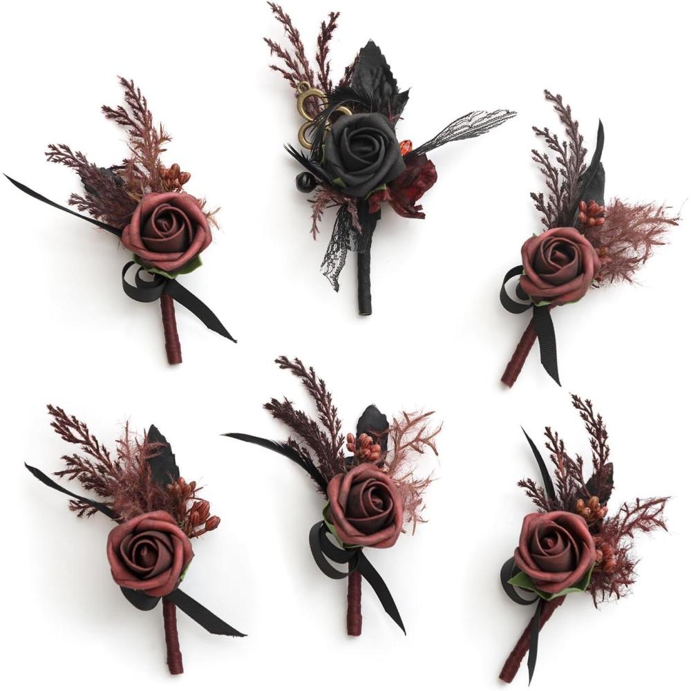 imageLings Moment Boutonniere for Men 6pcs Groom Groomsmen Boutonniere Artificial Flowers for Wedding DecorPromHomecoming etcWalnut BrownBlkblack  Gothic Burgundy