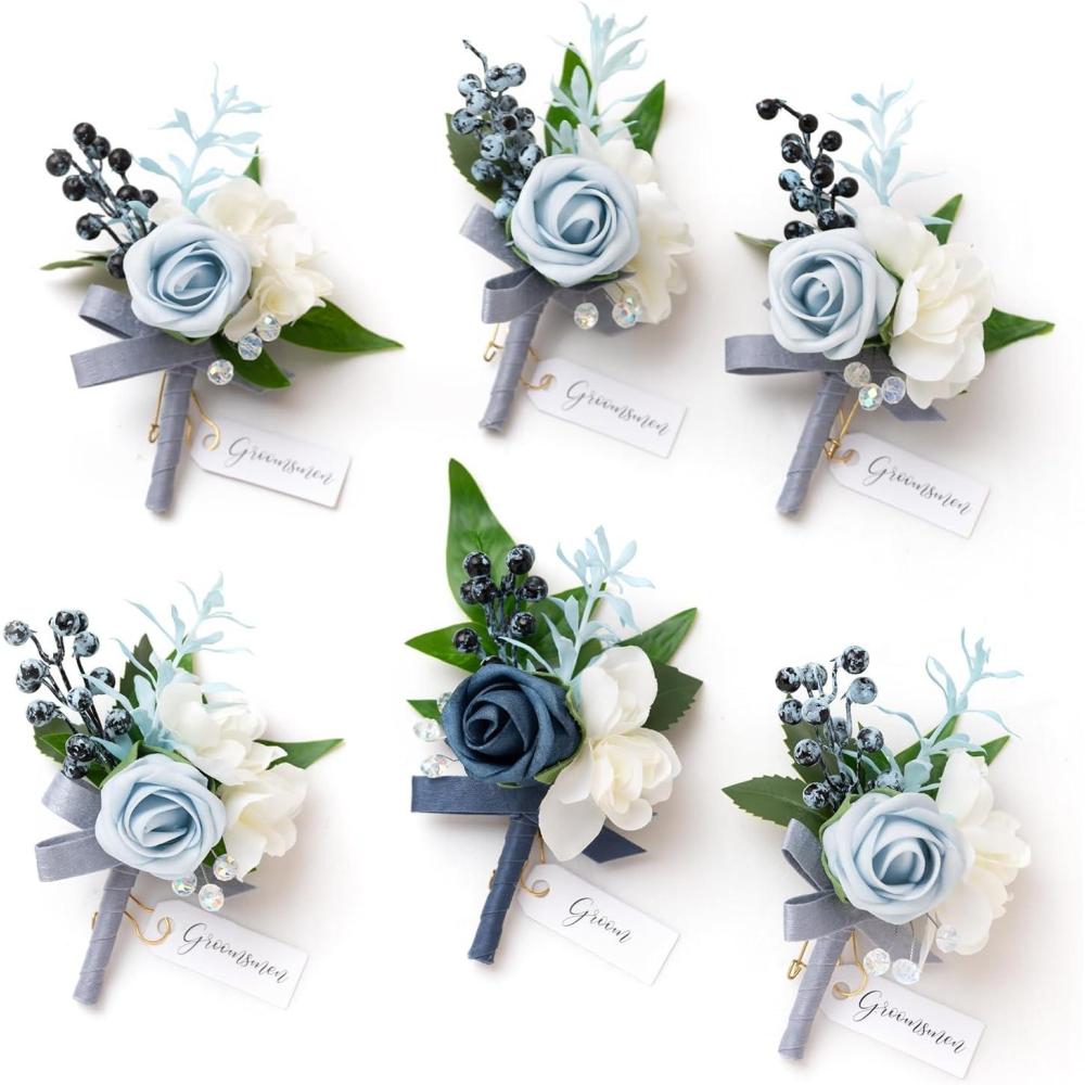 imageLings Moment Boutonniere for Men 6pcs Groom Groomsmen Boutonniere Artificial Flowers for Wedding DecorPromHomecoming etcWalnut BrownBludusty Blue  Light Blue